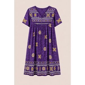 Loungees Tribal House Dress Boho Coastal Grandmother Purple Cotton M/L
